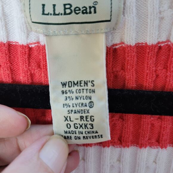L.L. Bean Women’s XL Red White Stripe Cable Knit Cotton Blend Sweater V-Neck... - Picture 2 of 8